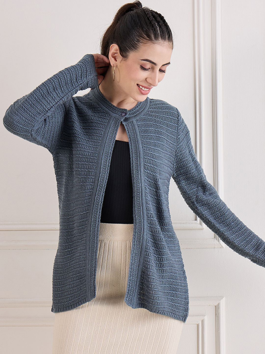 

CREATIVE LINE Women Woollen Longline Cardigan, Grey