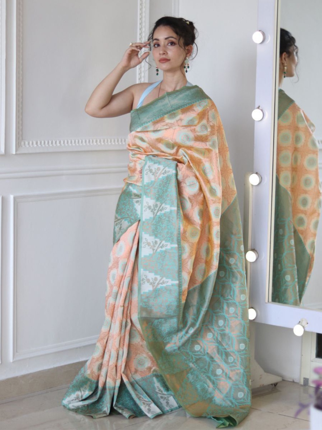 

KALINI Ethnic Motifs Woven Design Zari Pure Silk Banarasi Saree, Peach