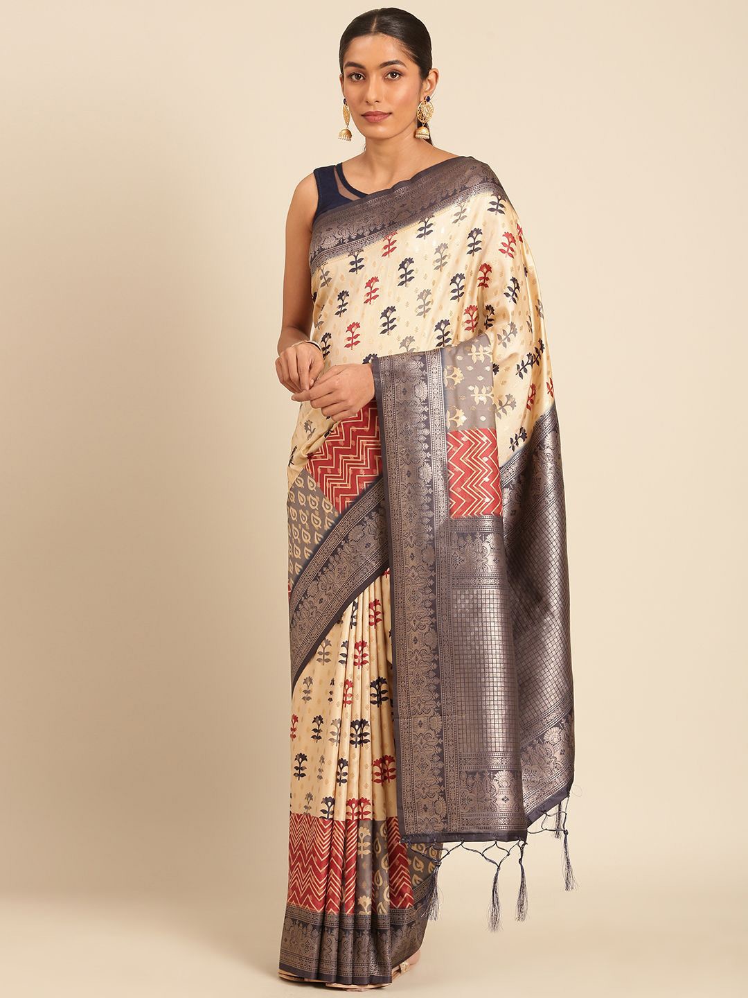 

Mitera Zari Woven Design Sarees With Unstitched Blouse Piece, Cream