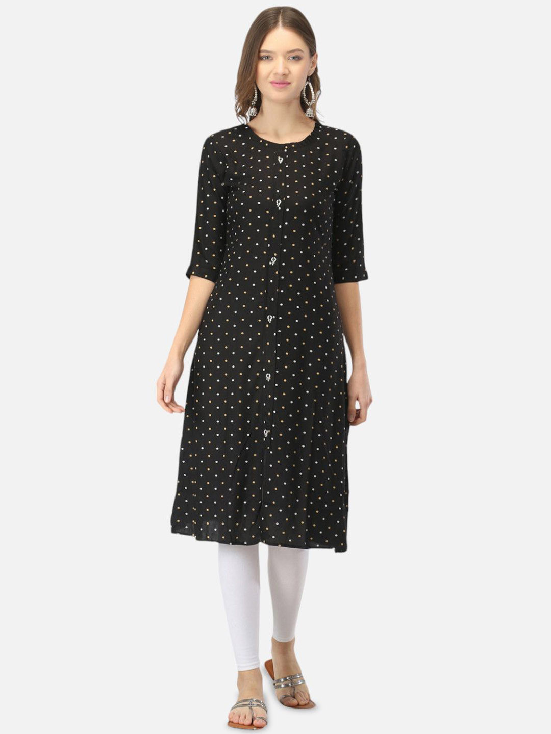 

Biyu Polka Dot Printed Regular Cotton Straight Kurta, Black