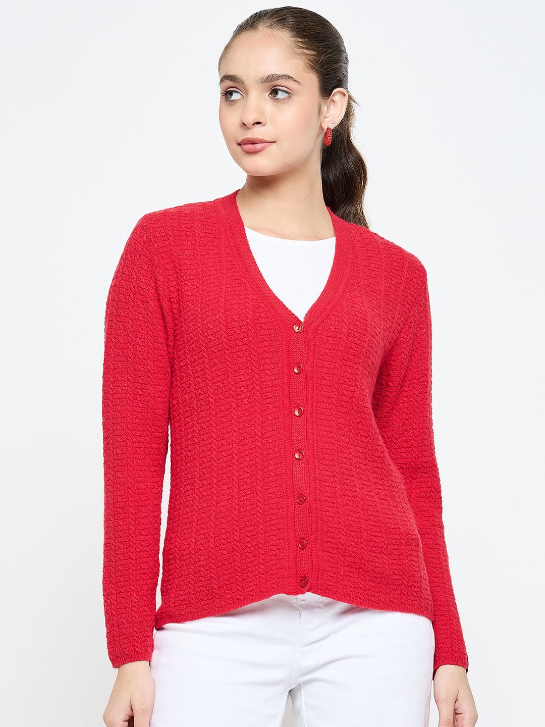 

CREATIVE LINE Women V_Neck Winter Woollen Cardigan, Red