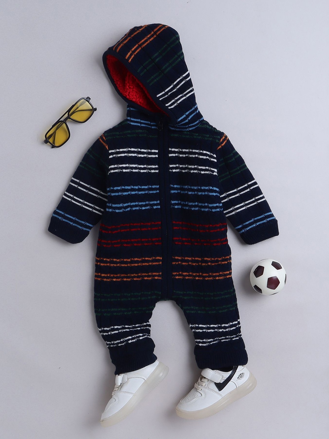

Yellow Apple Infants Striped Hooded Rompers, Navy blue