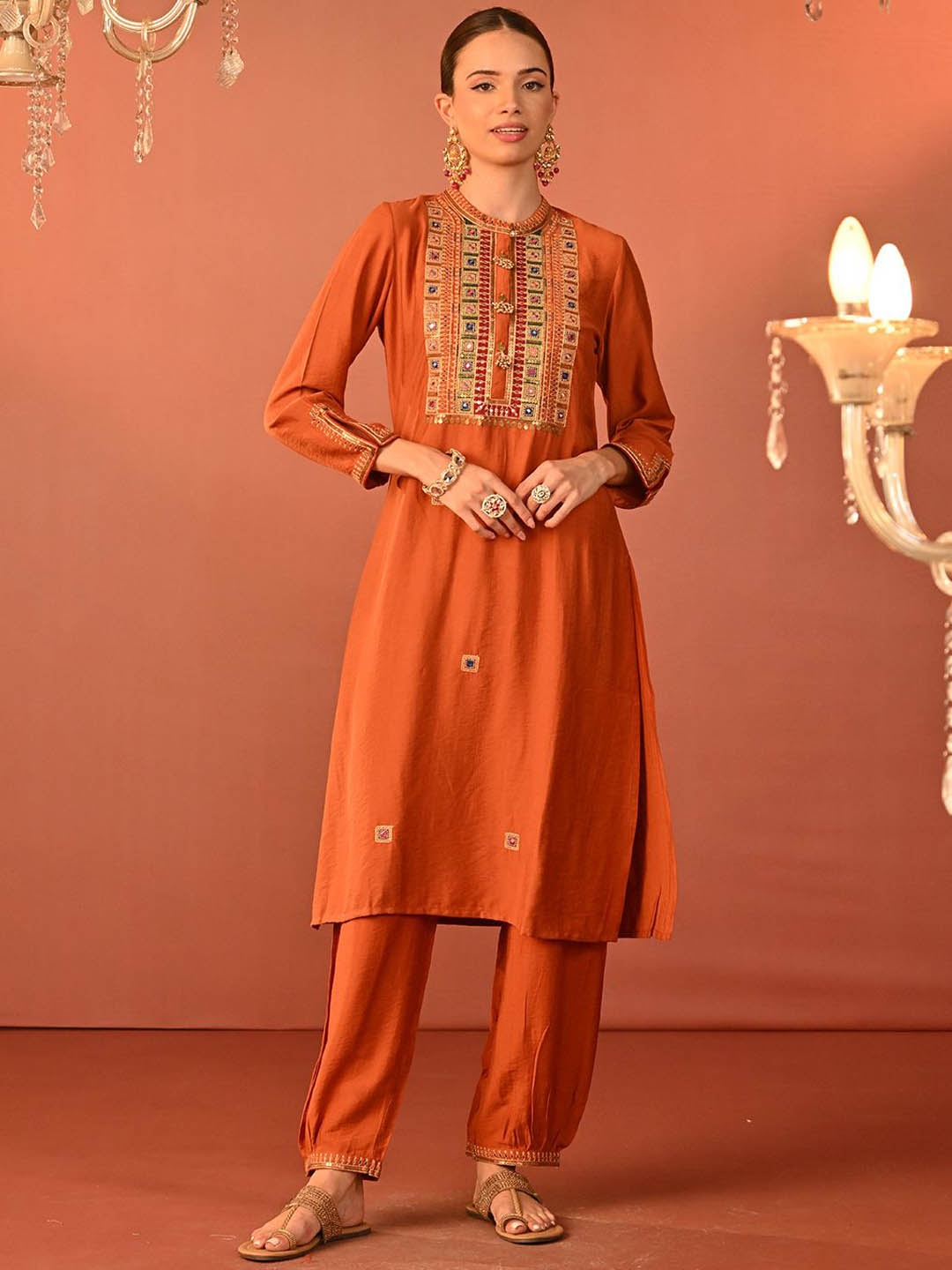 

Lakshita Mandarin Collar Embroidered Tunic With Trousers, Rust
