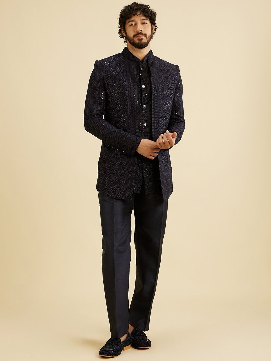 

Manyavar Men Embroidered Thread work Velvet Three Piece Suit, Blue