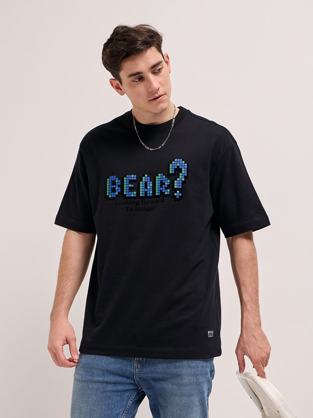 

THE BEAR HOUSE Men Typography Printed Round Neck Cotton Oversized T-shirt, Black
