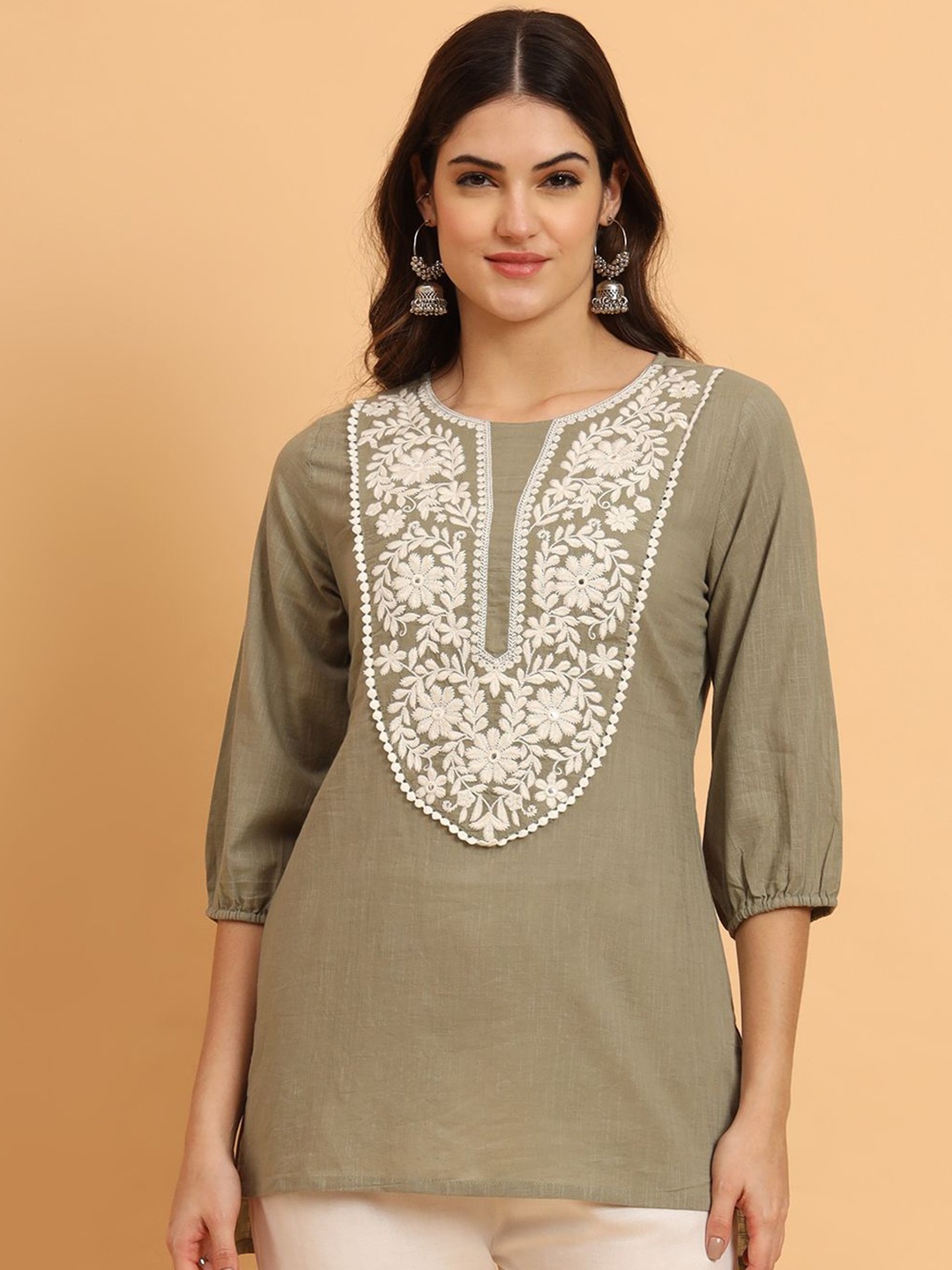 

AAYUMI Women Embroidered Cotton Top, Grey