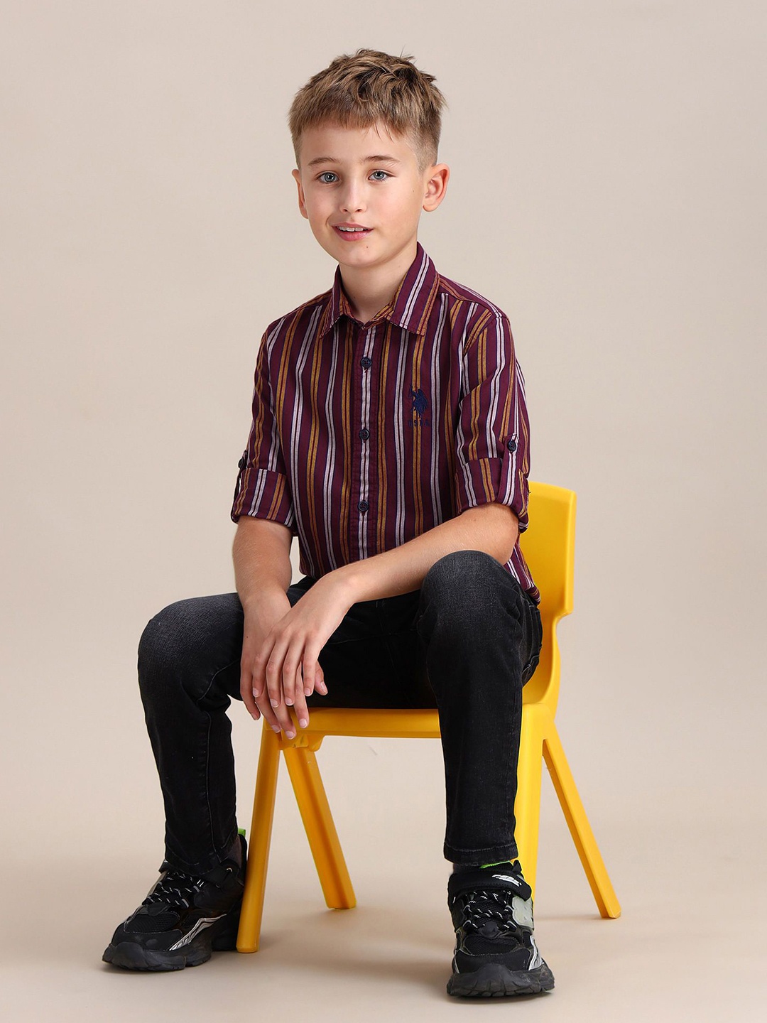 

U.S. Polo Assn. Kids Boys Spread Collar Vertical Striped Cotton Casual Shirt, Maroon