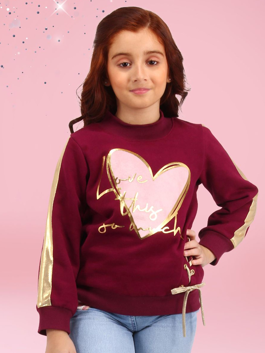 

CUTECUMBER Girls Typography Printed Round Neck Long Sleeves Pullover Sweatshirt, Maroon