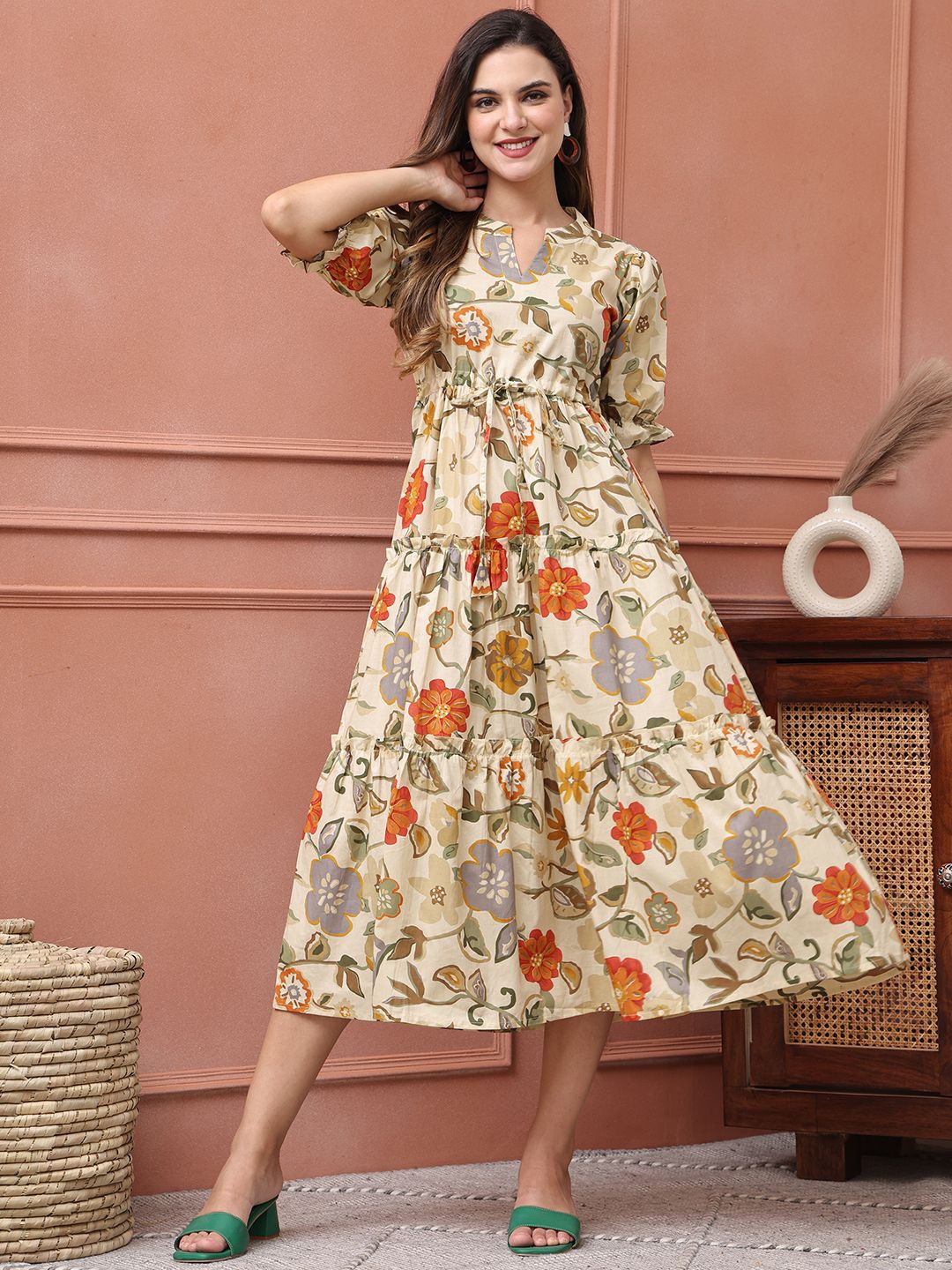 

Claura Women Pure Cotton Floral Print Puff Sleeve Fit & Flare Midi Dress, Cream