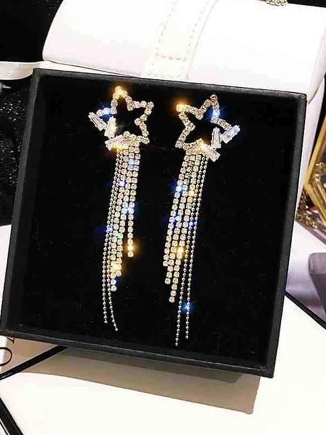

YU FASHIONS Gold-Plated Crystals & Rhinestone Studded Star Shaped Drop Earrings