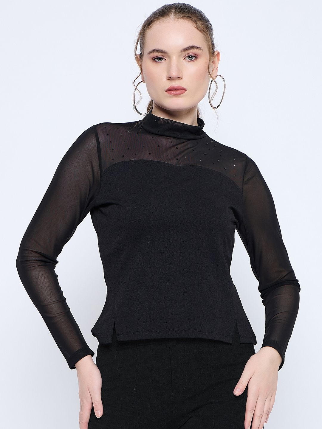 

Madame Long Sleeves High Neck Regular Sleeves Top, Black