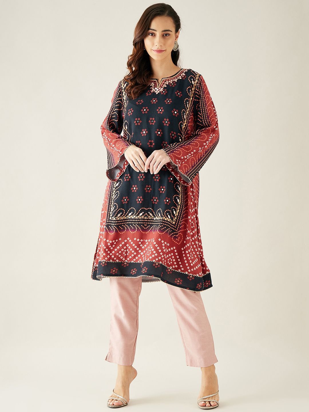 

The Kaftan Company Bandhani Printed Long Sleeves Regular Mirror Work A-Line Kurta, Black