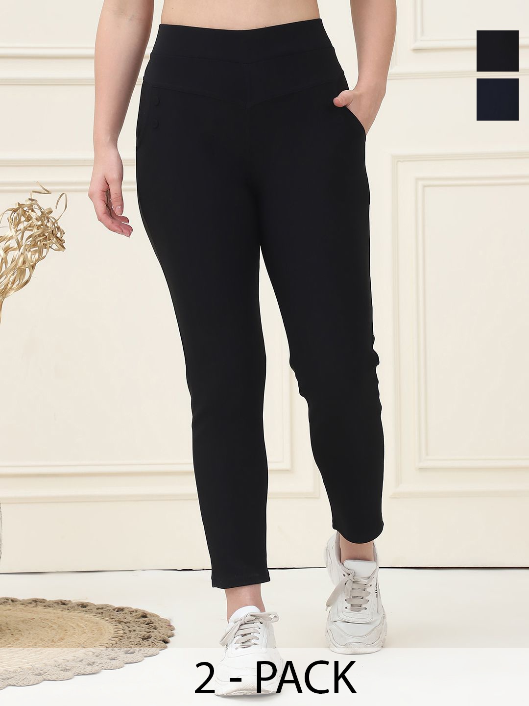 

GRACIT Women Pack Of 2 Skinny Fit Jeggings With Side Pocket, Black