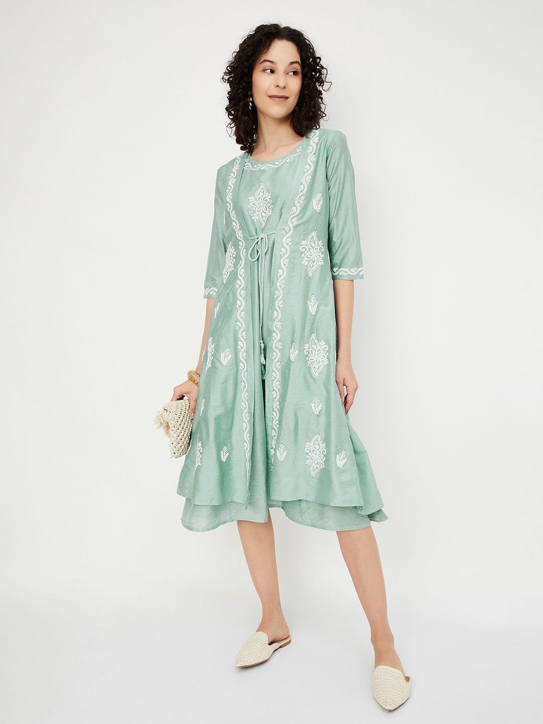 

max Floral Embroidered Midi A-Line Ethnic Dresses, Green