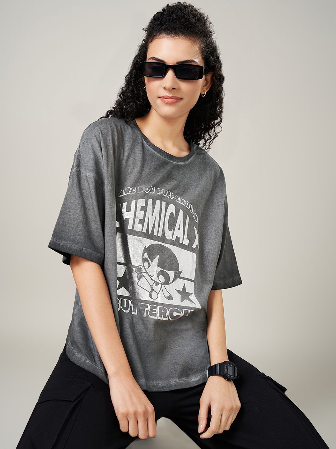 

Ajile by Pantaloons Cotton Typography Extended Sleeves Round Neck Boxy Top, Charcoal