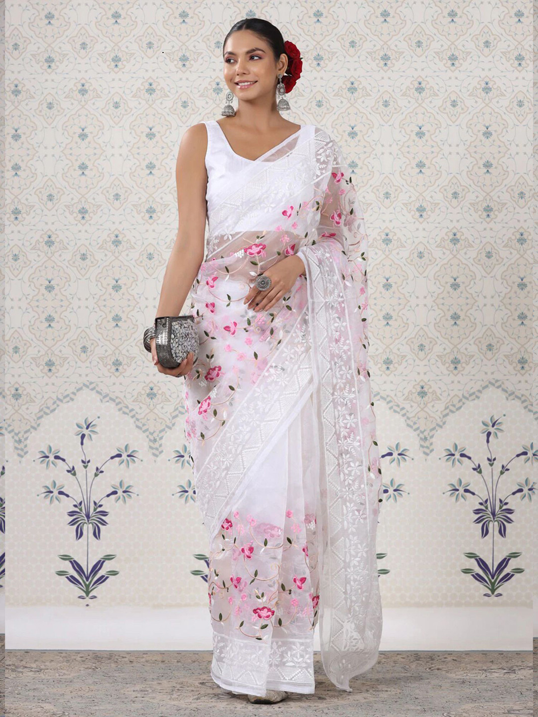 

Celeb Styles Floral Embroidered Organza Saree, White