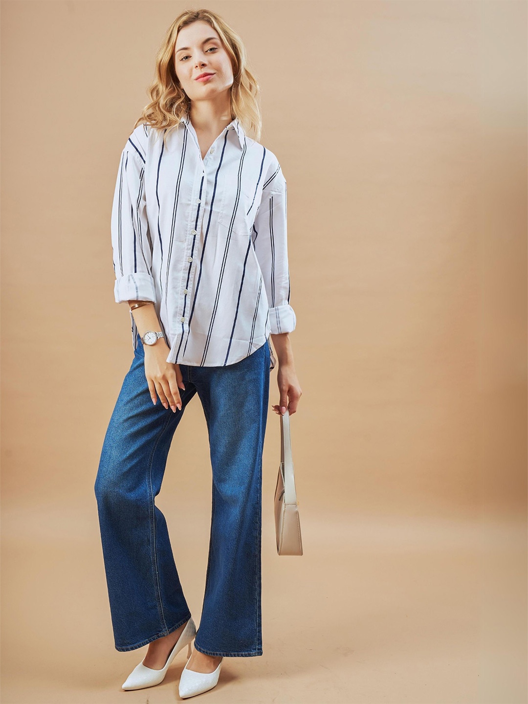 

Gazillion Women Original Vertical Striped Cotton Relaxed Fit Semiformal Shirt, White