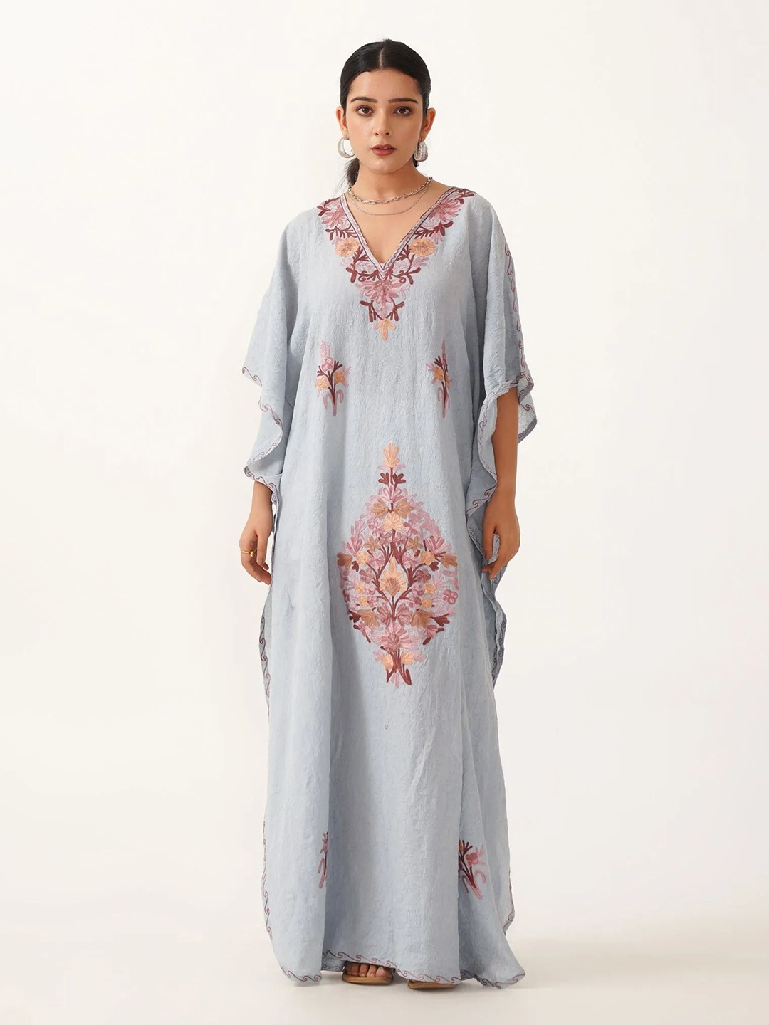 

Kashmir Box Women Floral Embroidered V-Neck Kimono Sleeve Kaftan Maxi Dress, Blue