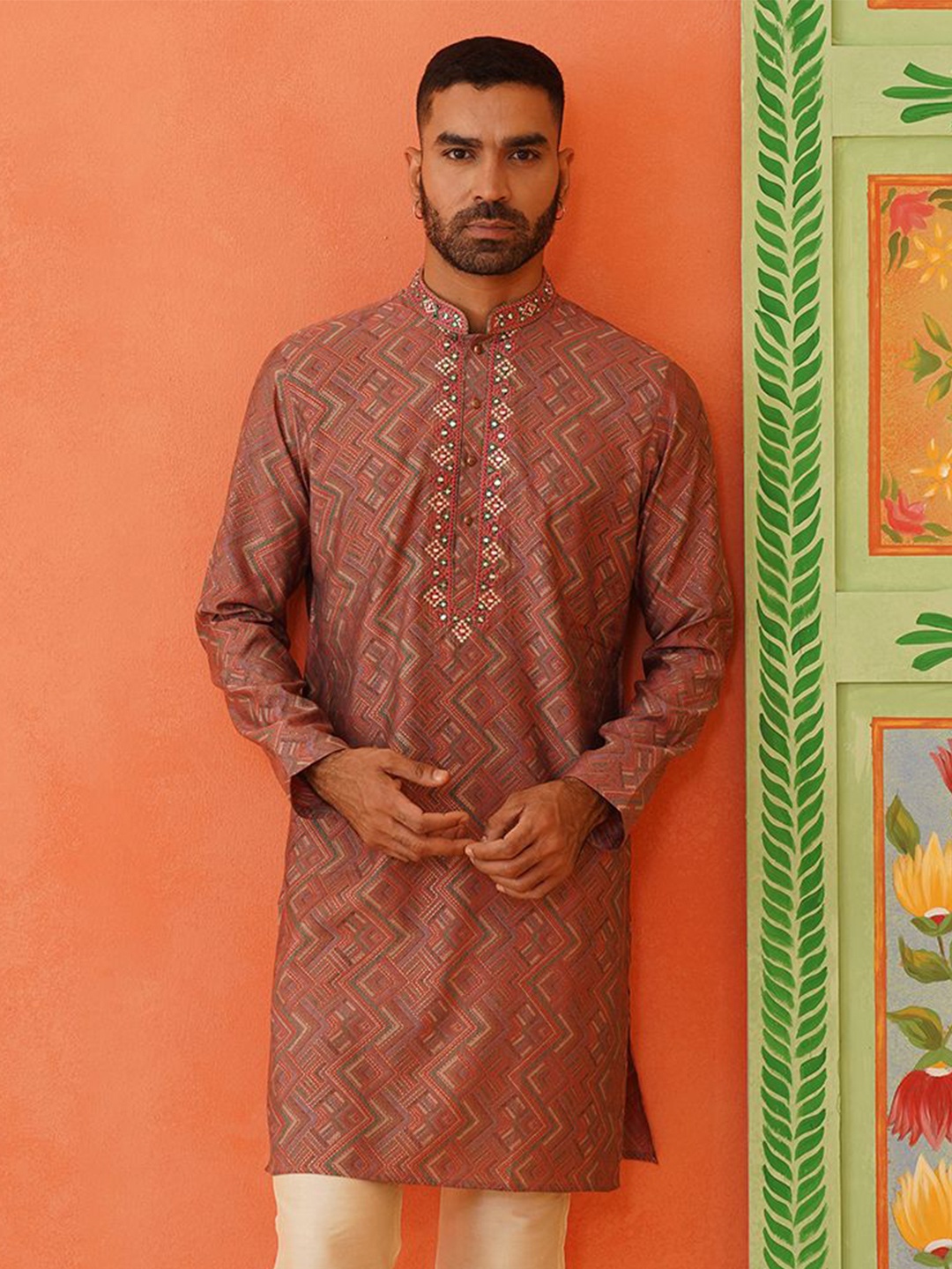 

TheEthnic.Co Geometric Printed Mirror Work Mandarin Collar Cotton Straight Kurta, Maroon