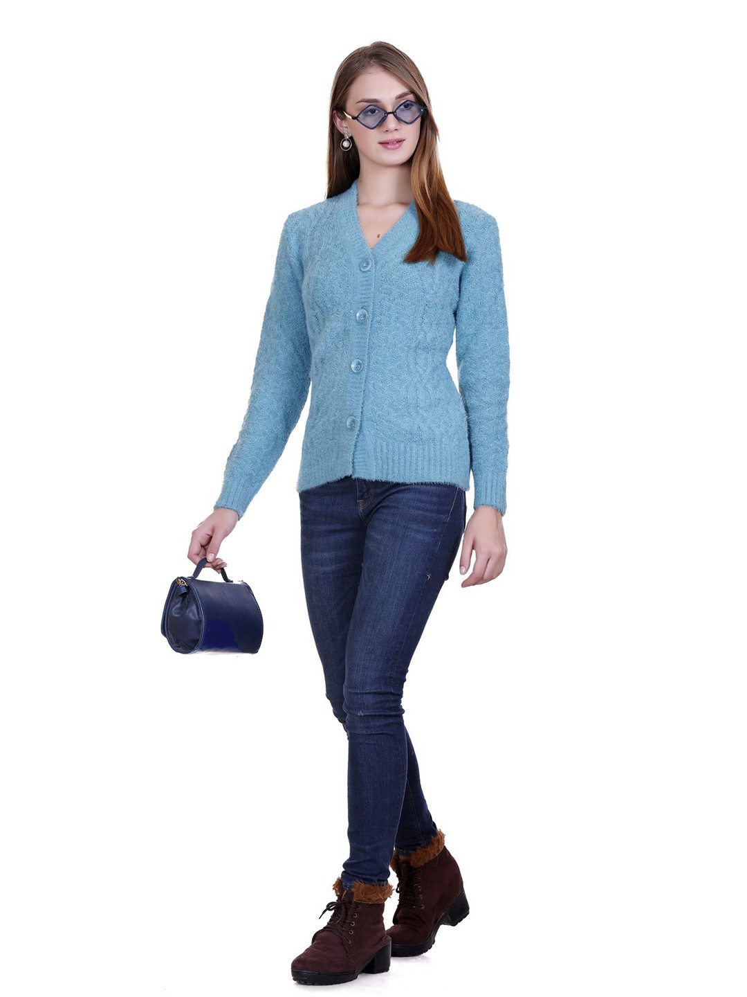 

SOSHAGUN OSWAL Women Cable Knit Woollen Winter Cardigan, Blue
