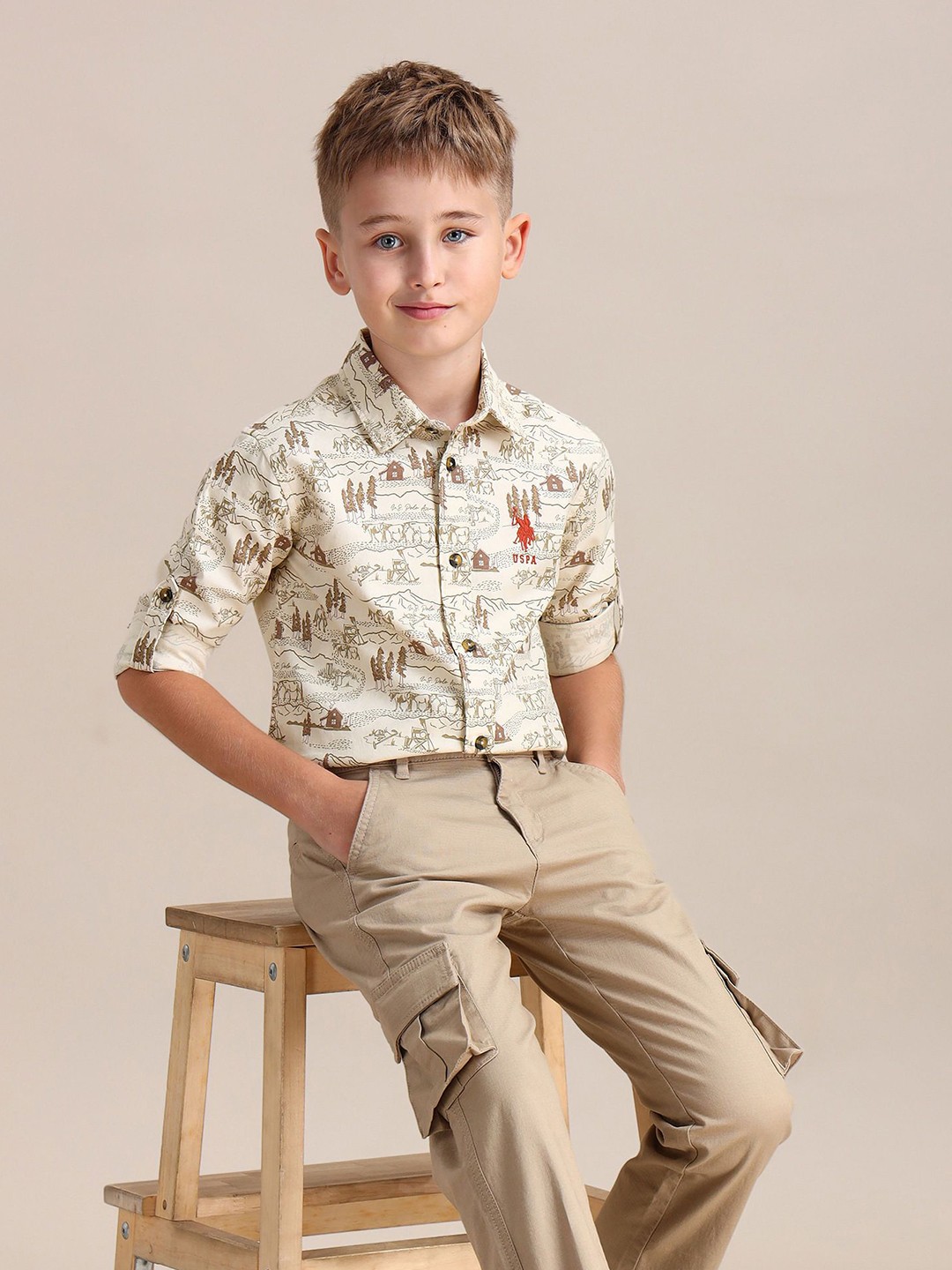 

U.S. Polo Assn. Kids Boys Spread Collar Conversational Printed Cotton Casual Shirt, Beige