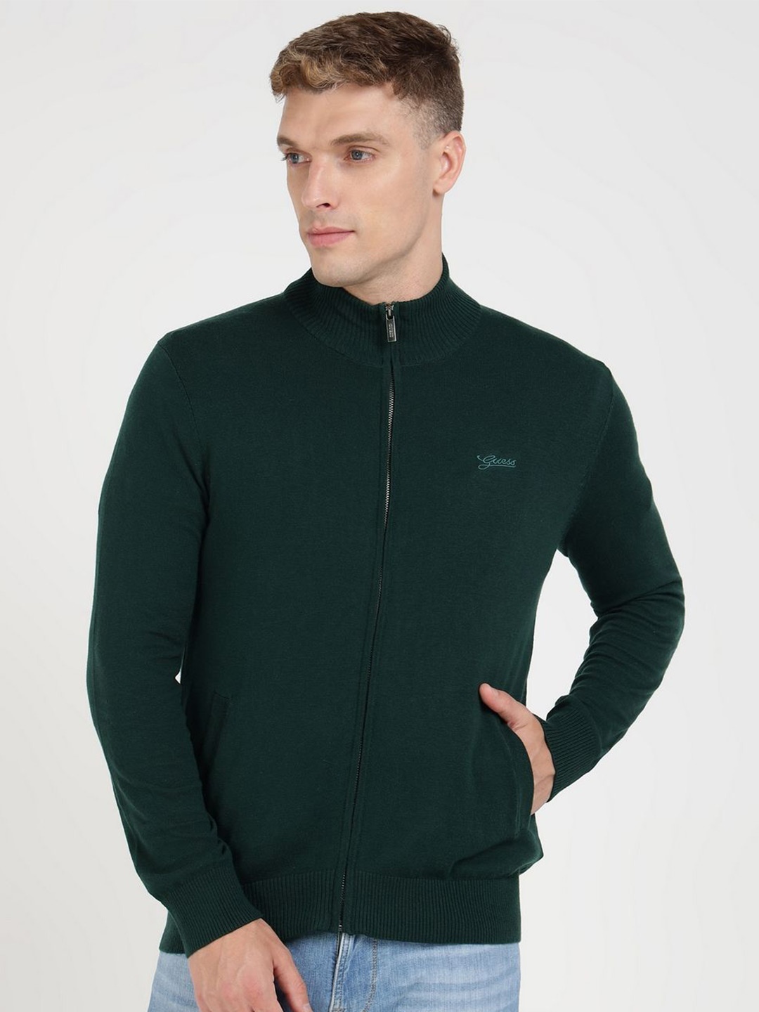 

GUESS Men Full Zipper Sweater, Green