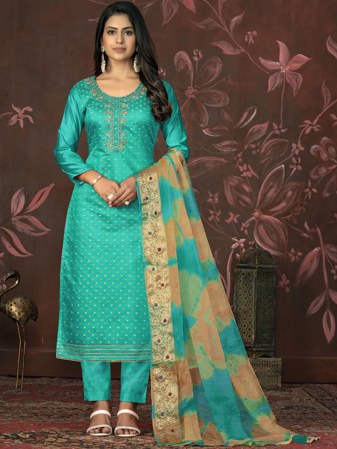 

Maroosh Floral Embellished Unstitched Dress Material, Sea green