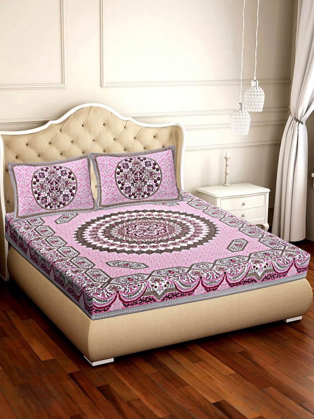 

VANI E Pink & White Floral 180 TC Cotton King Bedsheet With 2 Pillow Covers