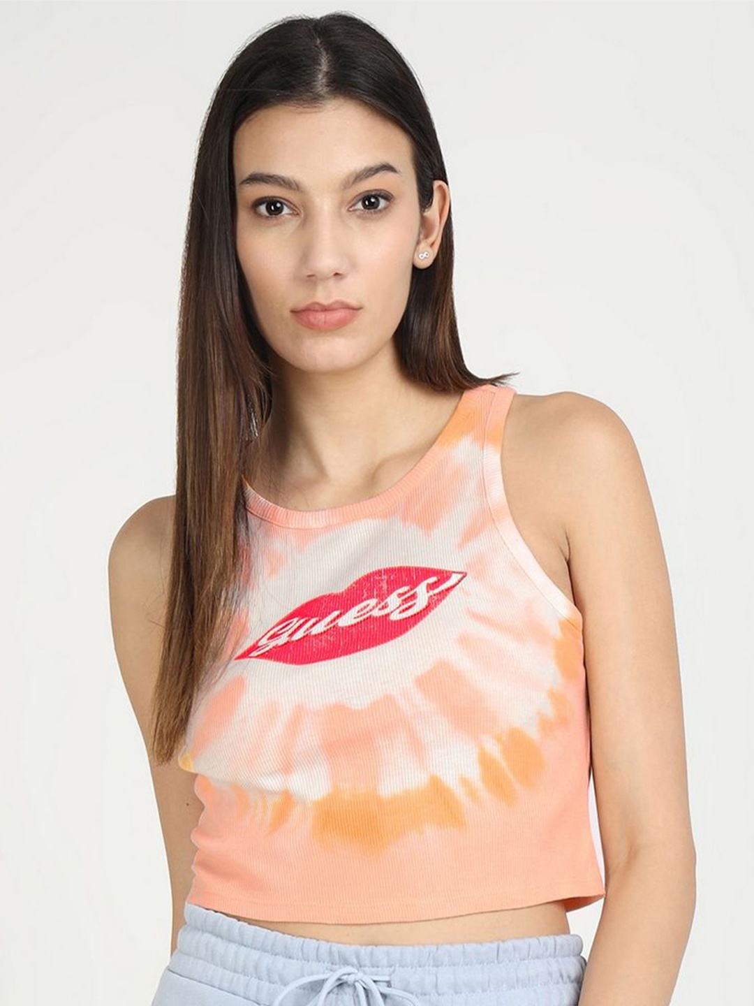 

GUESS Print Round Neck Sleeveless Tank Crop Top, Orange
