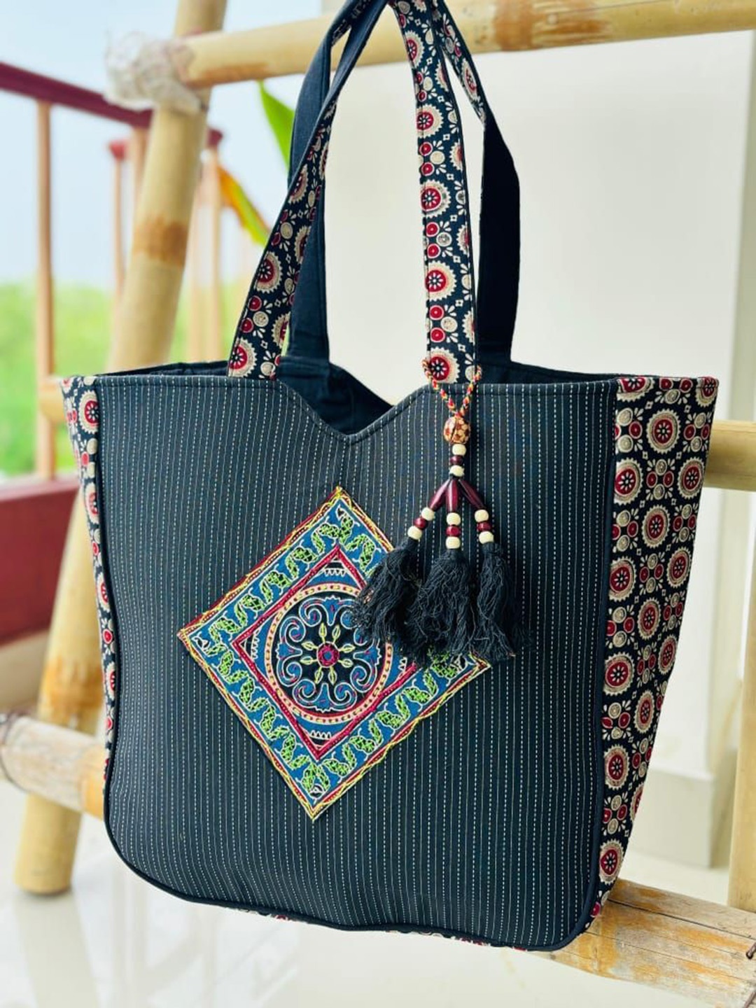 

SWITCHON Women Ethnic Motifs Printed Shopper Cotton Tote Bag, Black