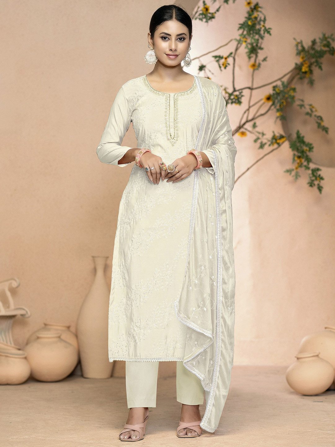 

Maroosh Floral Embroidered Sequinned Unstitched Dress Material, White