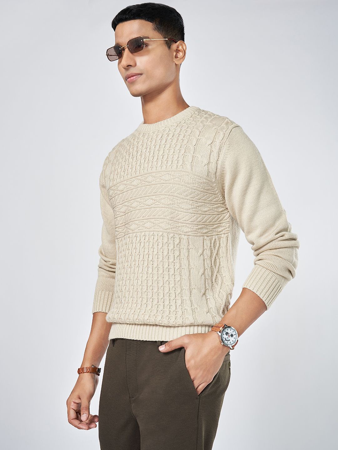 

BYFORD by Pantaloons Men Cable Knit Self Design Winterwear Pullover, Beige
