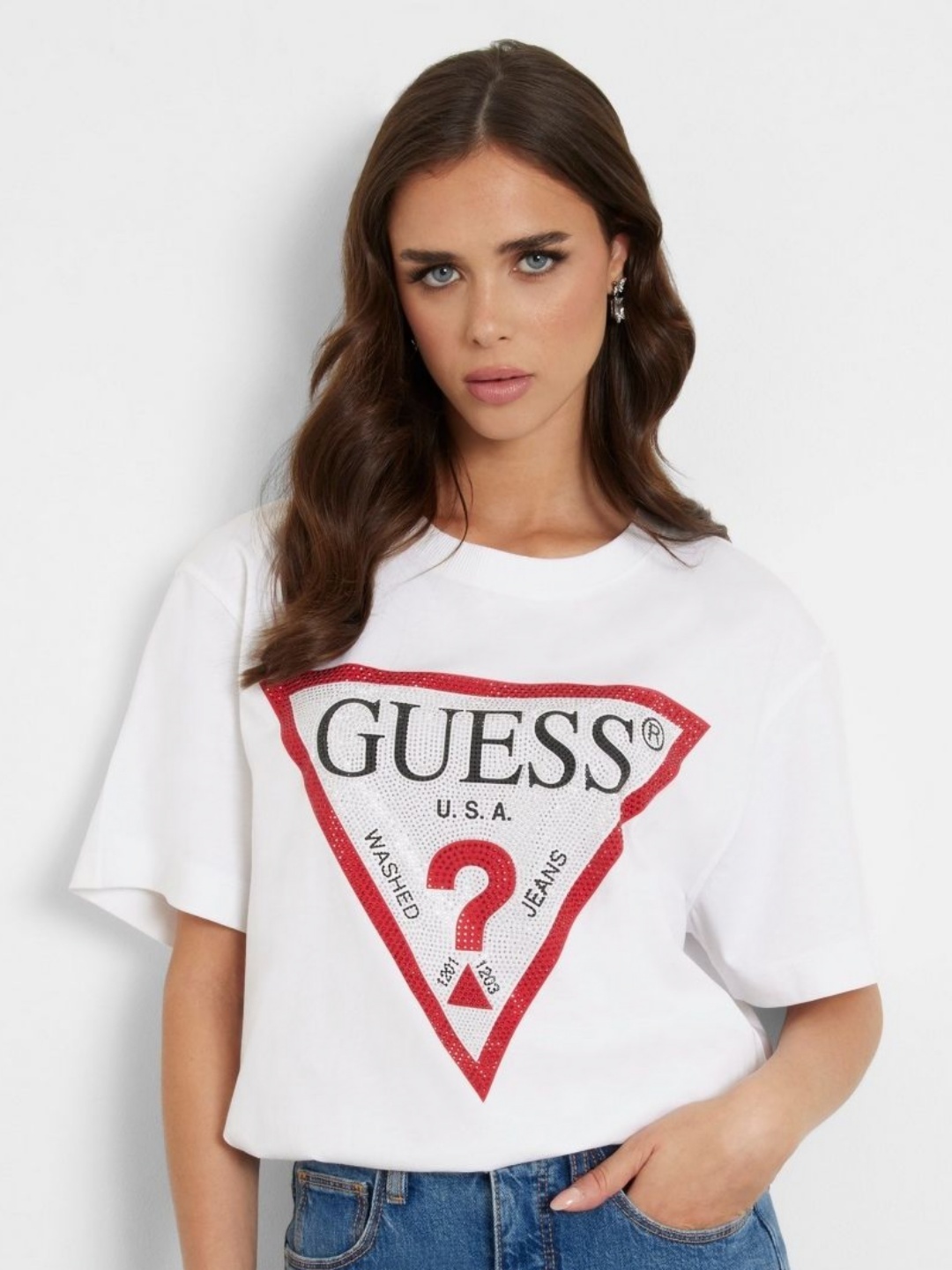 

GUESS Women Brand Logo Printed Round Neck Pure Cotton T-shirt, White