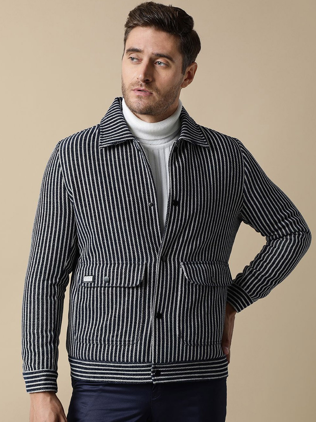 

Fort Collins Men Spread Collar Striped Woollen Casual Open Front Jacket, Black