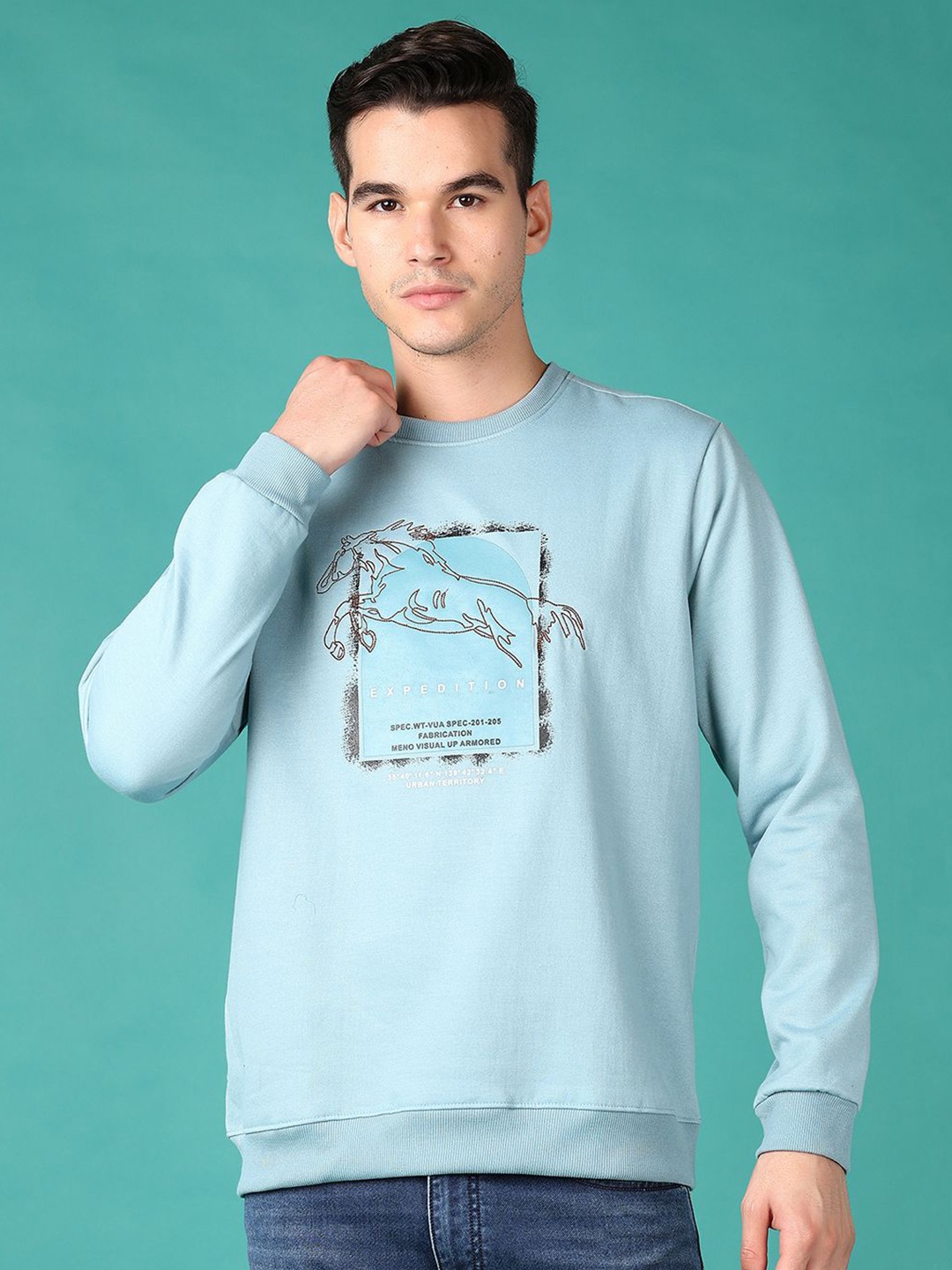 

V-Mart Men Printed Round Neck Pullover Sweatshirt, Blue