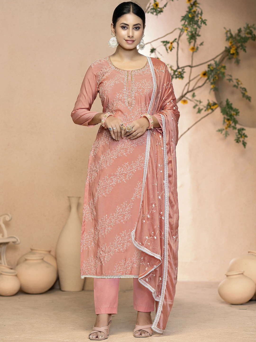 

Maroosh Floral Embroidered Unstitched Dress Material, Peach