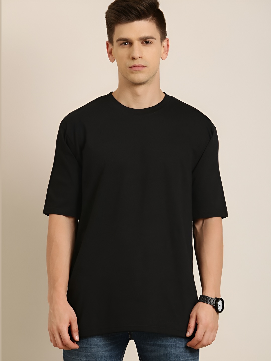 

FALTU.CO Men Solid Round Neck Pure Cotton Oversized T-shirt, Black