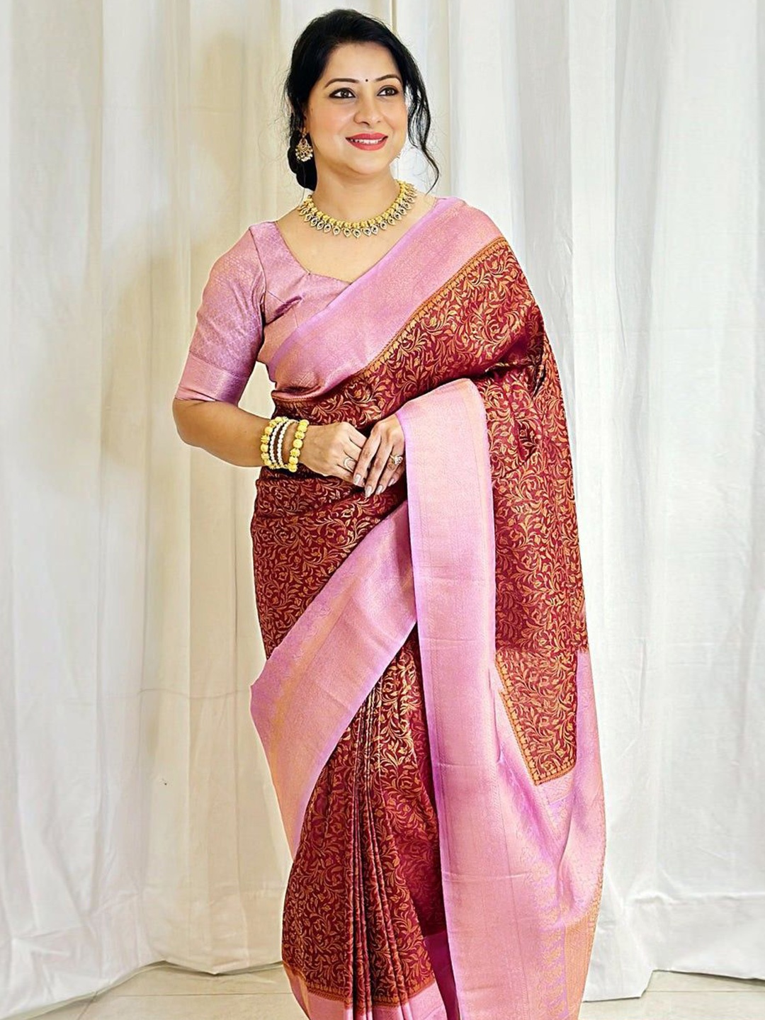 

KALINI Floral Zari Pure Silk Kanjeevaram Saree, Maroon