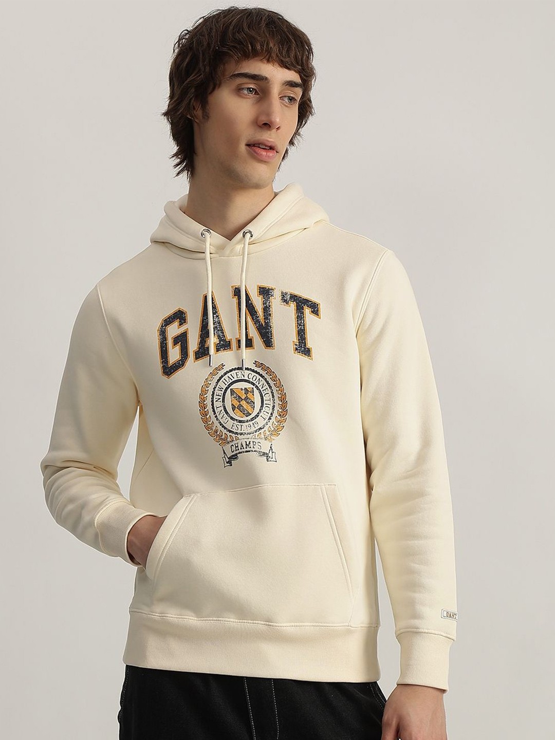

GANT Men Printed Cotton Hooded Pullover Sweatshirt, Cream