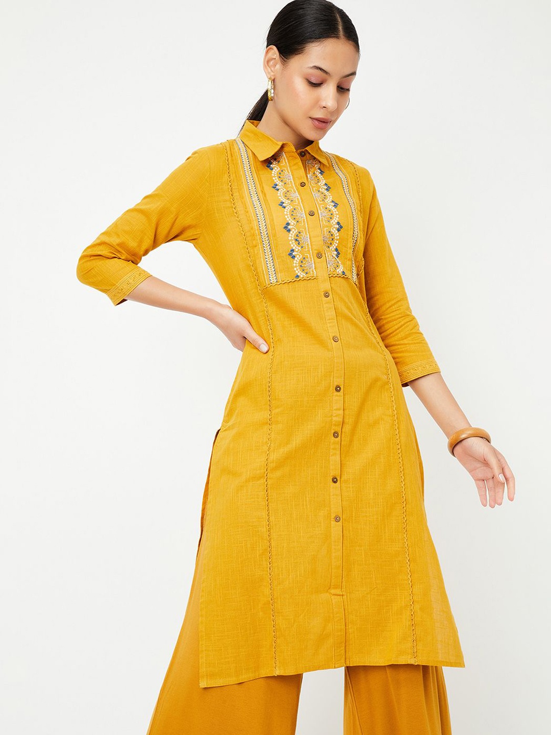 

max Striped Embroidered Thread Work Shirt Collar Cotton Straight Kurta, Yellow