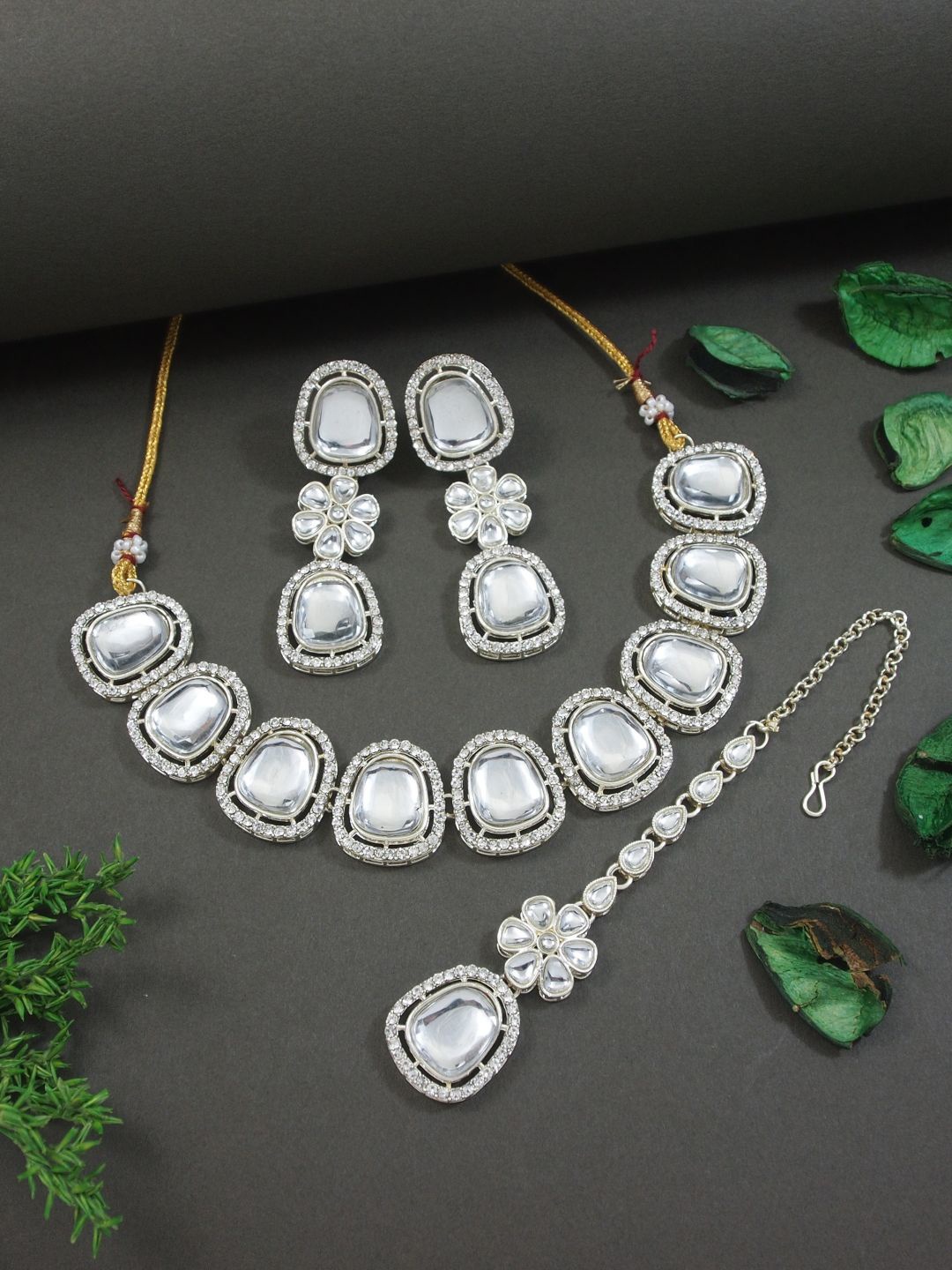 

I Jewels Sliver Plated Stone Studded Jewellery Set, Silver