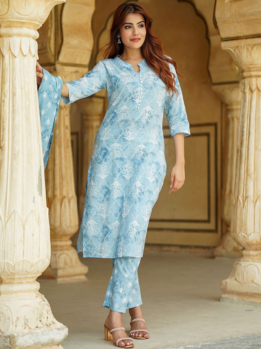 

KALINI Floral Printed Mandarin Collar Pure Cotton Straight Kurta With Trousers & Dupatta, Blue