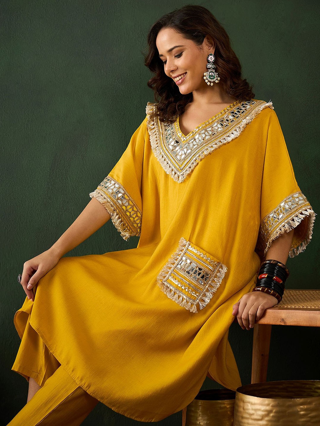 

Sangria Paisley Embroidered V-Neck Mirror Work Kaftan With Trousers, Yellow