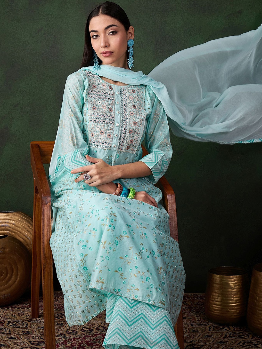 

Sangria Floral Embroidered Anarkali Kurta & Palazzo With Dupatta, Blue