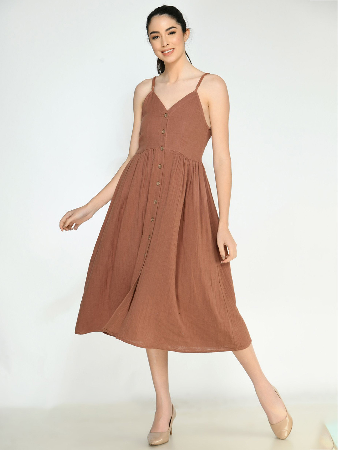 

Sini Lifestyle Women Cotton Fit & Flare Midi Dress, Brown