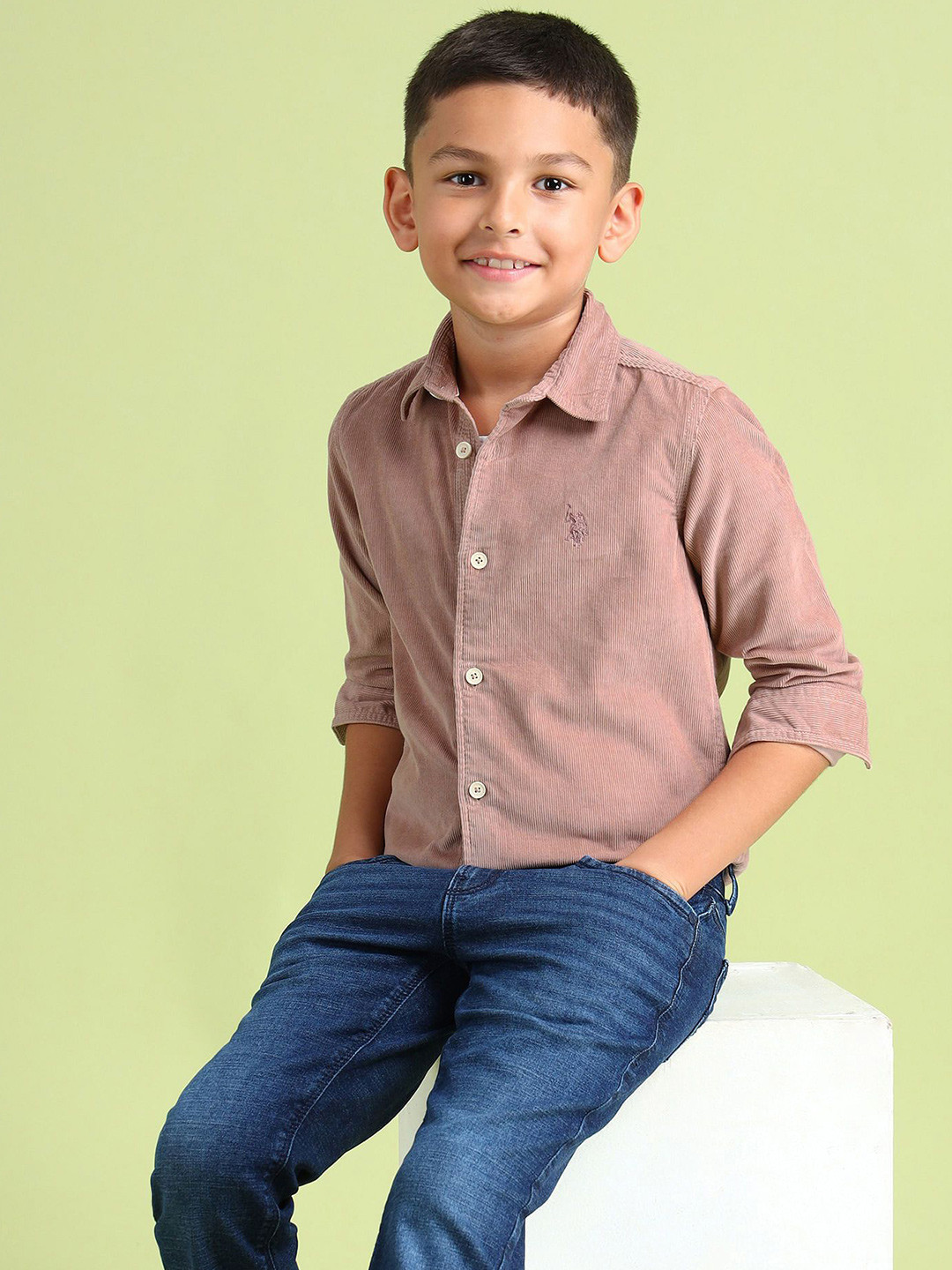 

U.S. Polo Assn. Kids Boys Spread Collar Textured Cotton Casual Shirt, Pink