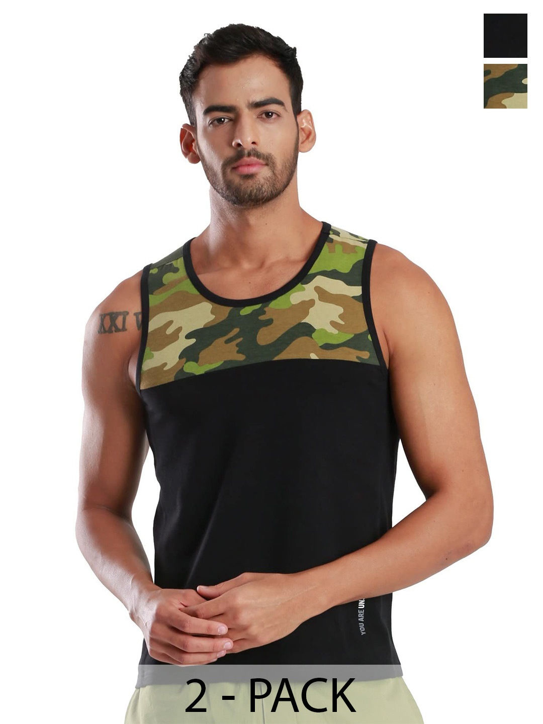 

FREECULTR Men Pack Of 2 Camouflage Printed Innerwear Vests, Black