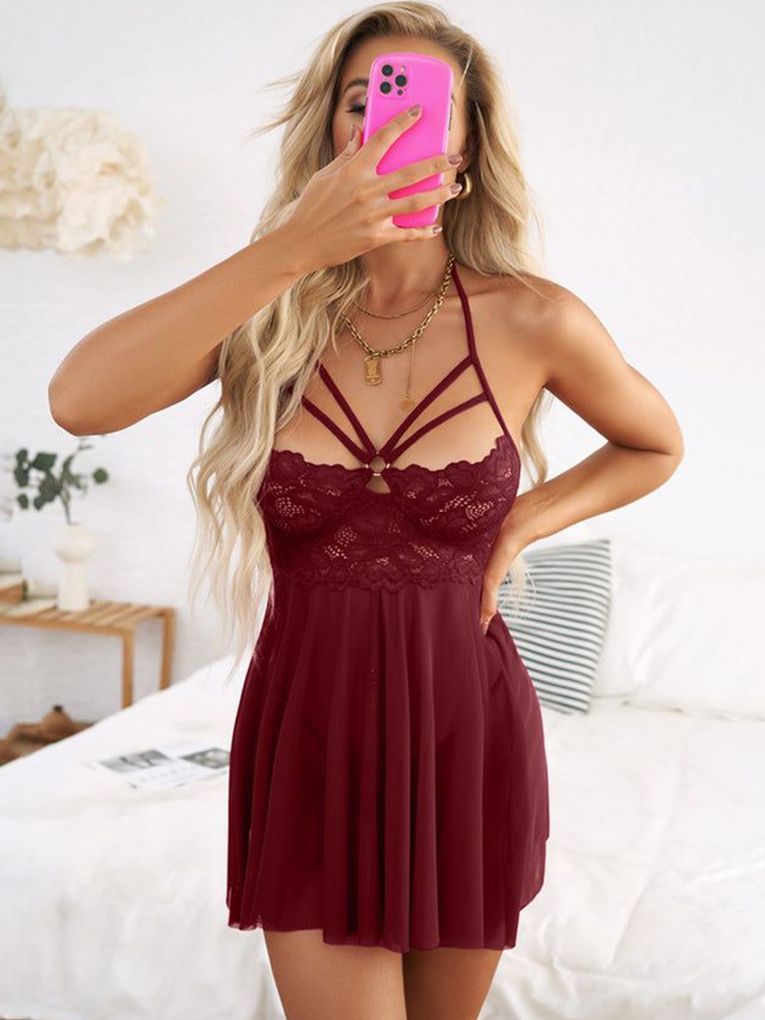 

KRENOZ Women Self-Design Baby Doll Nightdress, Red