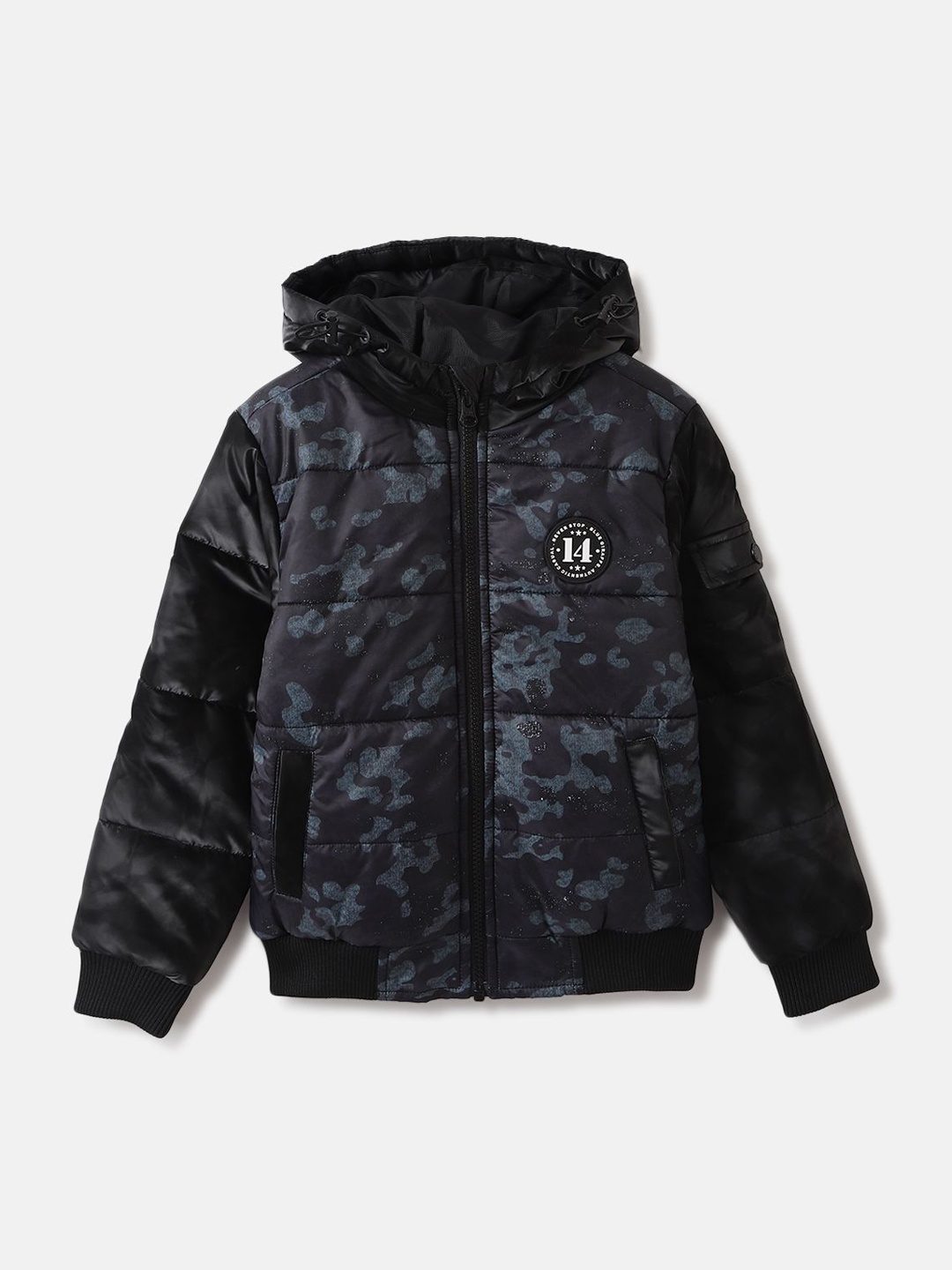 

Blue Giraffe Boys Hooded Camouflage Printed Casual Puffer Jacket, Black