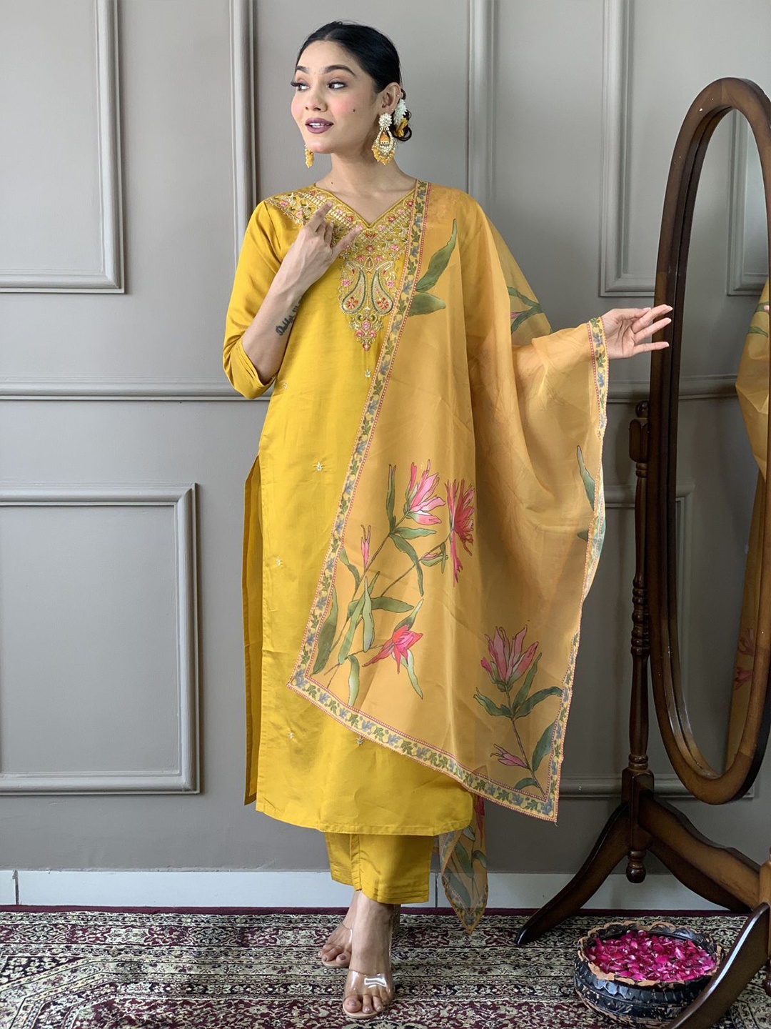 

ODETTE Ethnic Motifs Embroidered Straight Kurta With Trouser & Dupatta, Yellow